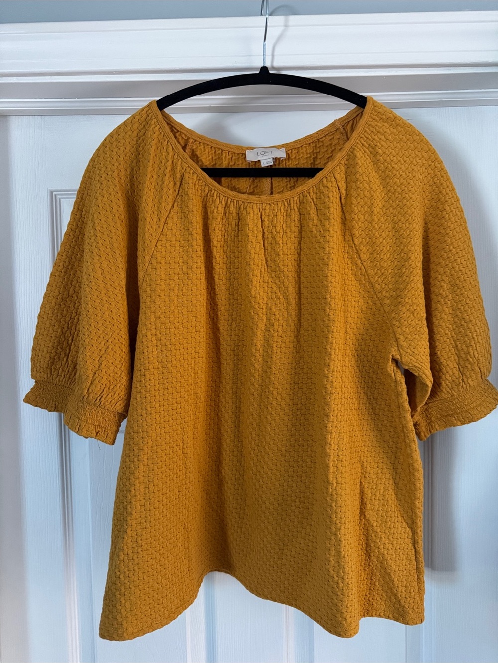 LOFT Mustard Textured Scoop Neck Short Sleeve Blouse